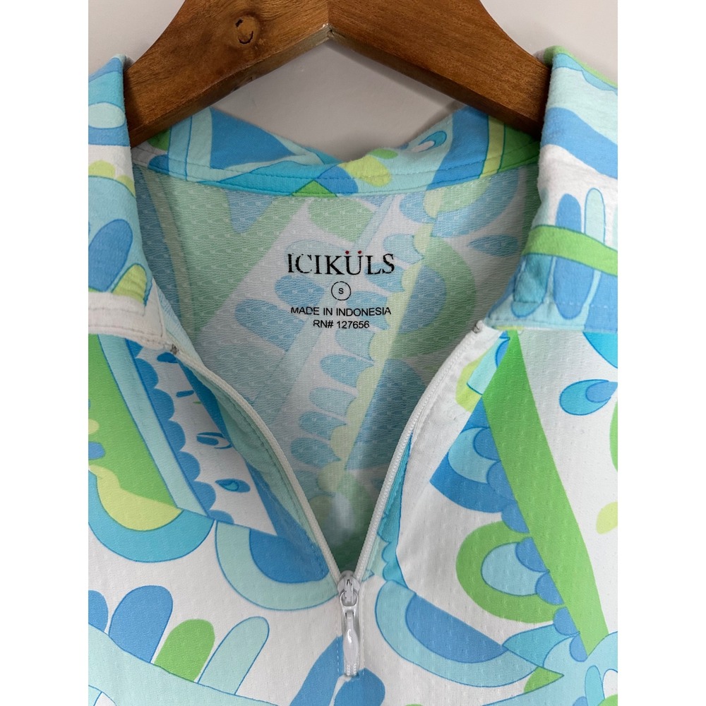 Icikuls Sleeveless Polo Women S Blue Green EUC Vibrant Paisley Performance Top - Picture 2 of 3
